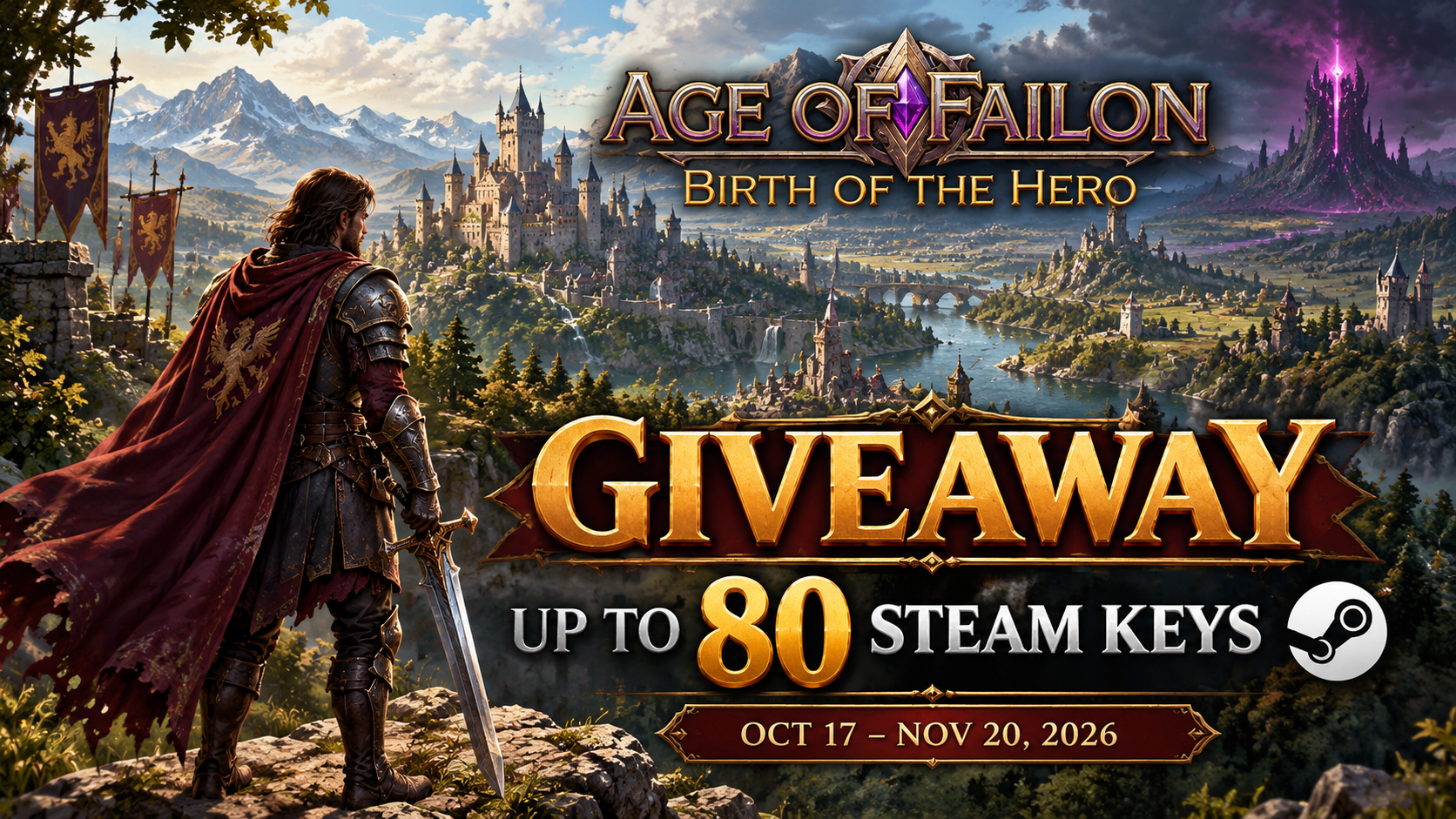 Age of Failon: Birth of the Hero giveaway — up to 80 Steam keys, October 17–November 20, 2026.